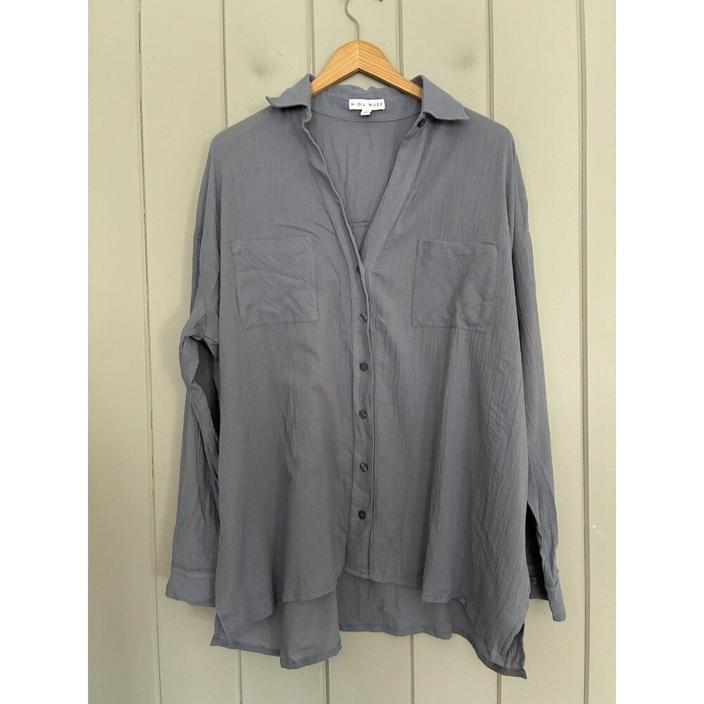 Miou Muse Crinkle Gauze Button Up Shirt M Medium Blue Gray Lightweight Boho